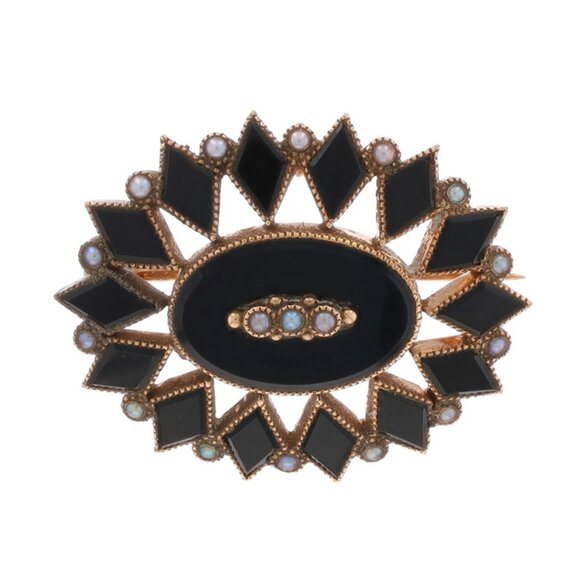Yellow Gold Onyx Seed Pearl Edwardian Convertible Brooch/Pendant 10k Antique Pin